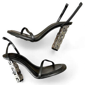 Givenchy Heels Women’s 37 Silver Cube Ankle Strap Round Open Toe Leather Black